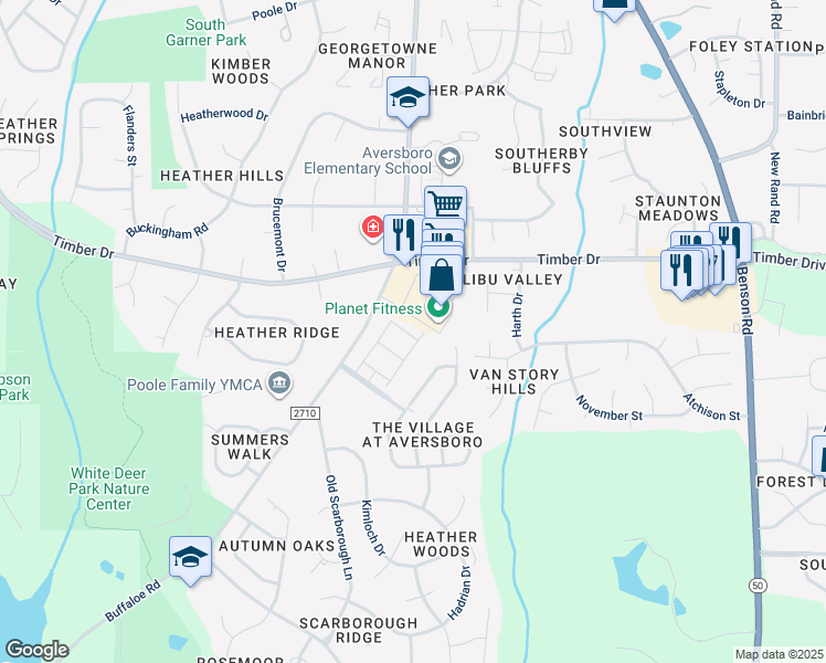 map of restaurants, bars, coffee shops, grocery stores, and more near 349 Kineton Woods Way in Garner