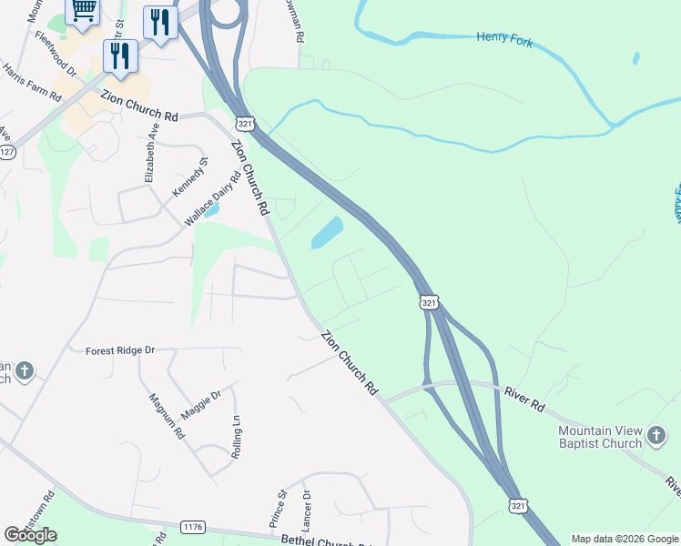 map of restaurants, bars, coffee shops, grocery stores, and more near 1448 Zion Church Road in Hickory