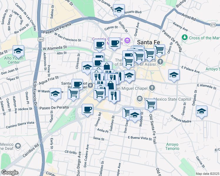 map of restaurants, bars, coffee shops, grocery stores, and more near 408 Galisteo Street in Santa Fe