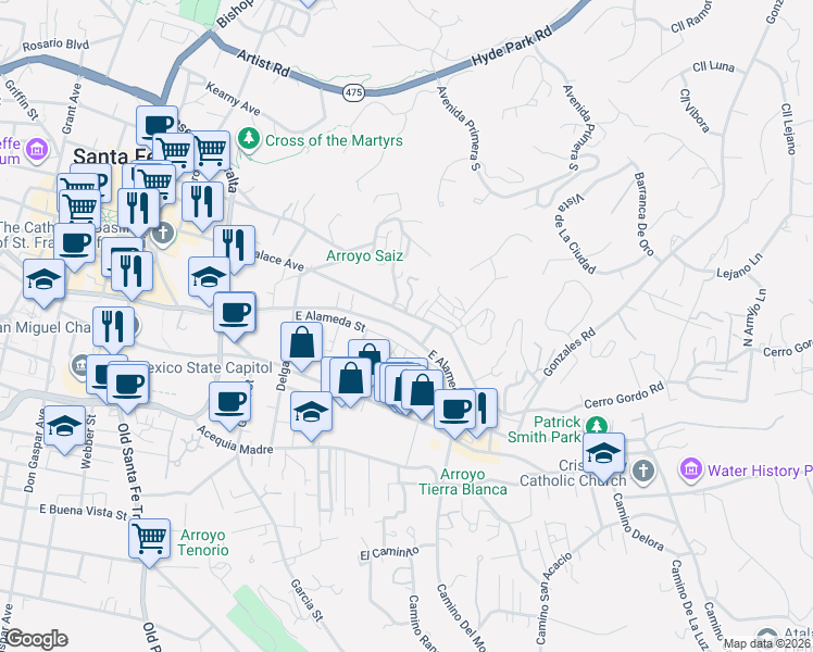 map of restaurants, bars, coffee shops, grocery stores, and more near 624 East Alameda Street in Santa Fe
