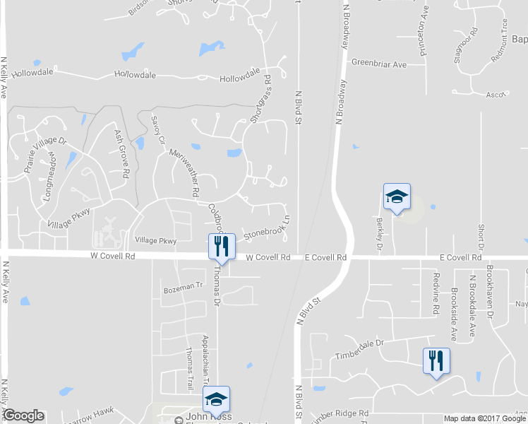 map of restaurants, bars, coffee shops, grocery stores, and more near 2917 Boulder Court in Edmond