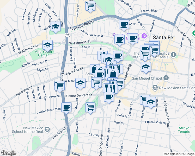 map of restaurants, bars, coffee shops, grocery stores, and more near 131 Camino de la Familia in Santa Fe