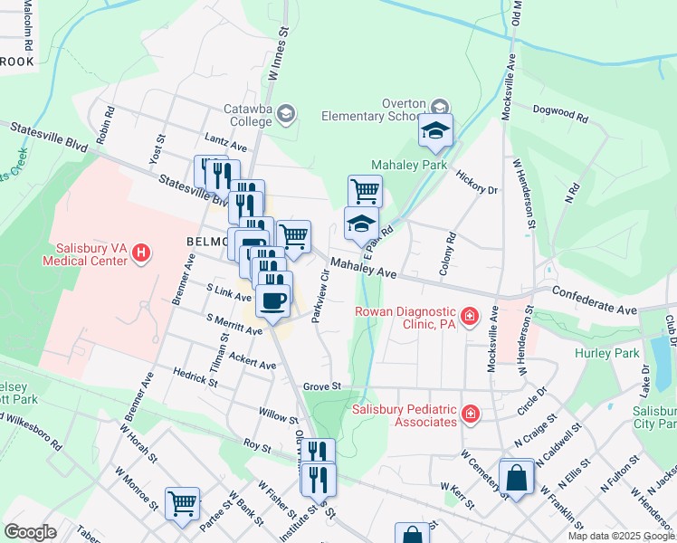 map of restaurants, bars, coffee shops, grocery stores, and more near 309 Mahaley Avenue in Salisbury