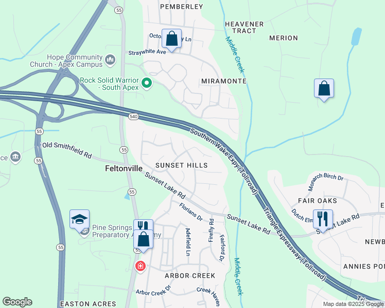 map of restaurants, bars, coffee shops, grocery stores, and more near 410 Stonecreek Drive in Apex