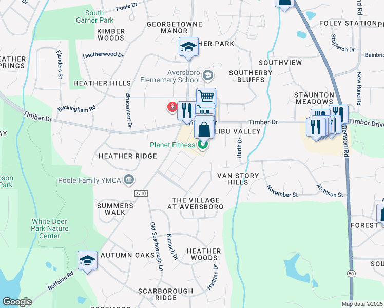 map of restaurants, bars, coffee shops, grocery stores, and more near 349 Kineton Woods Way in Garner