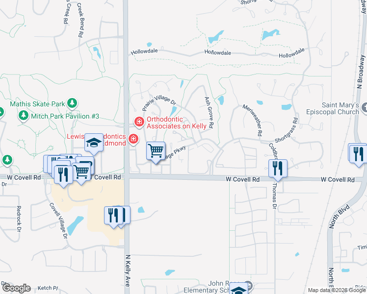 map of restaurants, bars, coffee shops, grocery stores, and more near Village Pkwy in Edmond