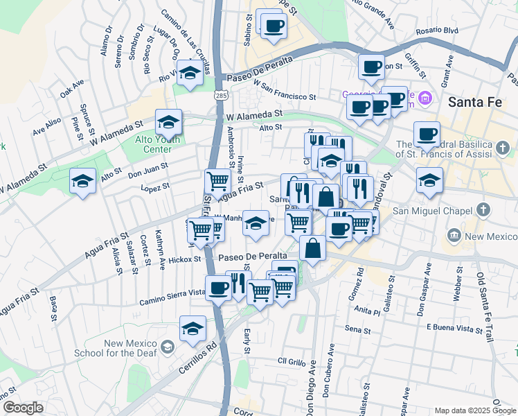map of restaurants, bars, coffee shops, grocery stores, and more near 740 West Manhattan Avenue in Santa Fe