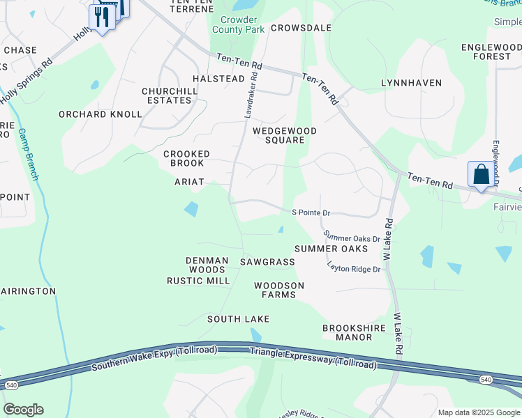 map of restaurants, bars, coffee shops, grocery stores, and more near 3633 South Pointe Drive in Apex