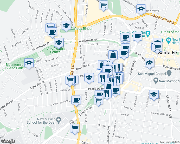 map of restaurants, bars, coffee shops, grocery stores, and more near 755 West Manhattan Avenue in Santa Fe