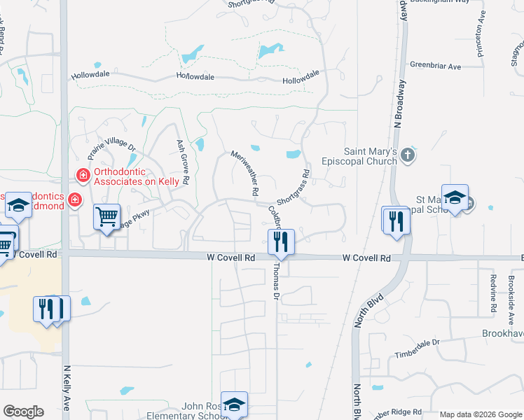 map of restaurants, bars, coffee shops, grocery stores, and more near 313 Coldbrook Circle in Edmond