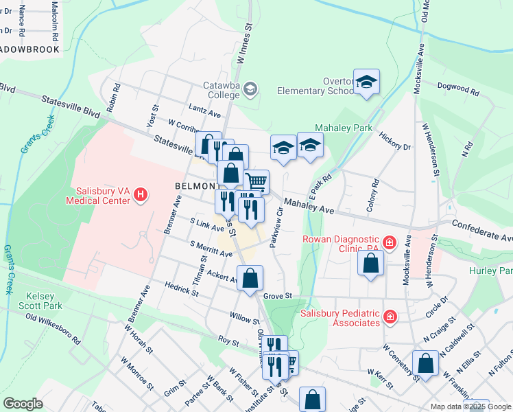 map of restaurants, bars, coffee shops, grocery stores, and more near 123 Mahaley Avenue in Salisbury