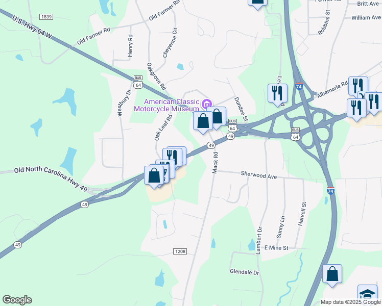 map of restaurants, bars, coffee shops, grocery stores, and more near 264 North Carolina 49 in Asheboro