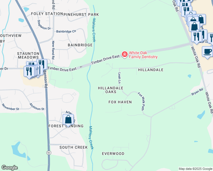 map of restaurants, bars, coffee shops, grocery stores, and more near 521 Stronwood Court in Garner