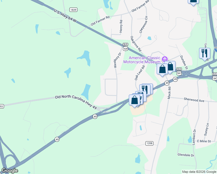 map of restaurants, bars, coffee shops, grocery stores, and more near 1103 Cranbrook Circle in Asheboro