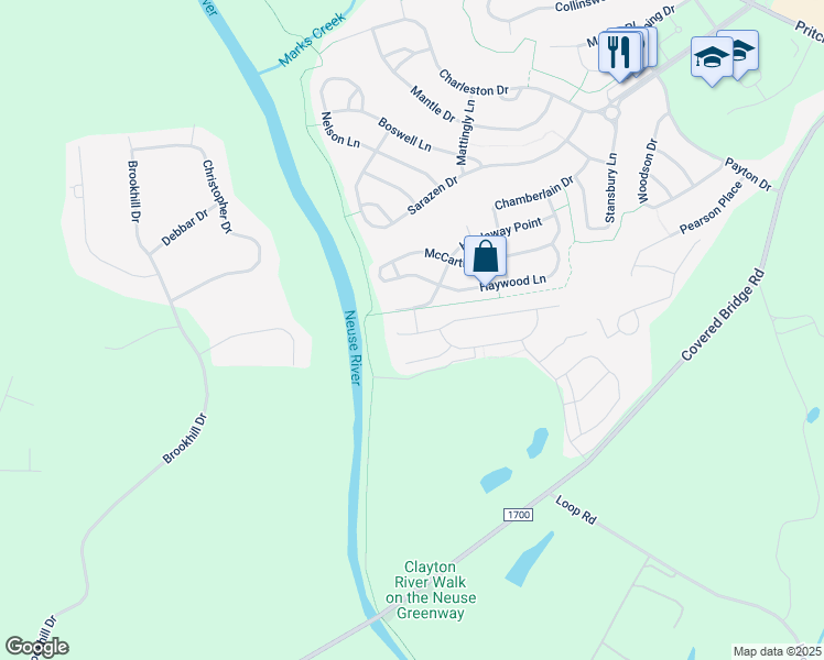 map of restaurants, bars, coffee shops, grocery stores, and more near 113 Sloan Drive in Clayton