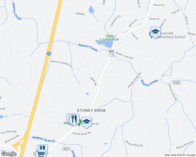 map of restaurants, bars, coffee shops, grocery stores, and more near Barnett Shoals Road in Weaverville