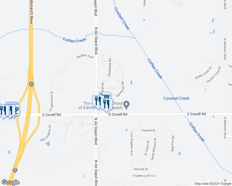 map of restaurants, bars, coffee shops, grocery stores, and more near 5909 Havenshire Lane in Edmond