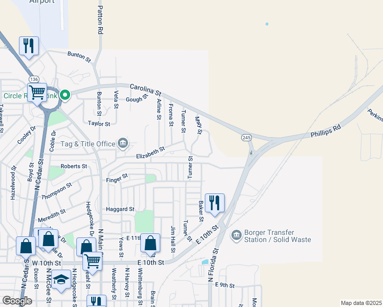 map of restaurants, bars, coffee shops, grocery stores, and more near 101 Mary Street in Borger
