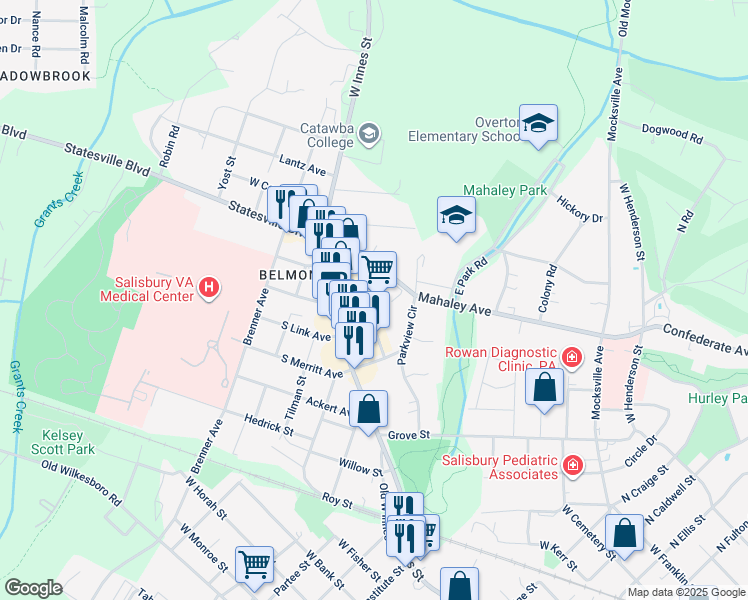 map of restaurants, bars, coffee shops, grocery stores, and more near 123 Mahaley Avenue in Salisbury