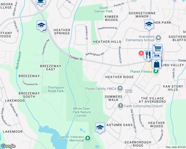 map of restaurants, bars, coffee shops, grocery stores, and more near 304 Coachman Drive in Garner