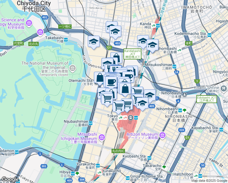 map of restaurants, bars, coffee shops, grocery stores, and more near in Chiyoda City