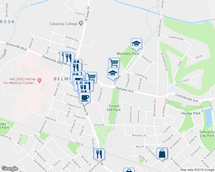 map of restaurants, bars, coffee shops, grocery stores, and more near 316 Mahaley Avenue in Salisbury