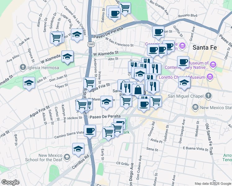 map of restaurants, bars, coffee shops, grocery stores, and more near 724 Agua Fria Street in Santa Fe