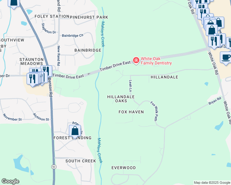 map of restaurants, bars, coffee shops, grocery stores, and more near 521 Stronwood Court in Garner