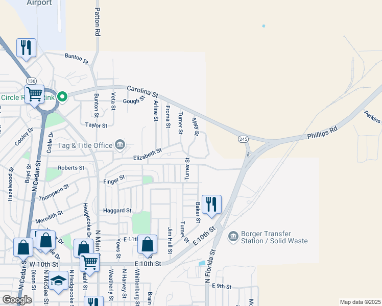 map of restaurants, bars, coffee shops, grocery stores, and more near 101-159 Mary Street in Borger