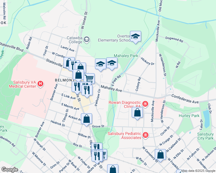 map of restaurants, bars, coffee shops, grocery stores, and more near 322 Mahaley Avenue in Salisbury