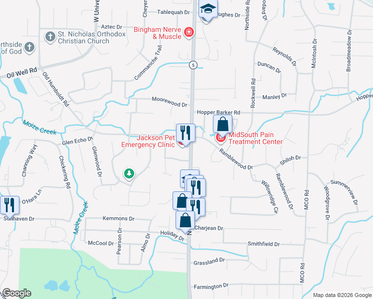map of restaurants, bars, coffee shops, grocery stores, and more near 2874 North Highland Avenue in Jackson