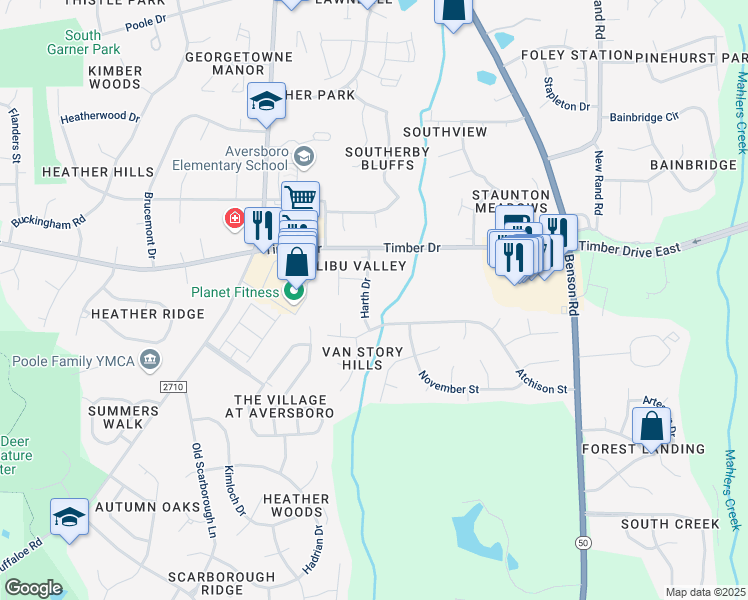 map of restaurants, bars, coffee shops, grocery stores, and more near 1505 Harth Drive in Garner