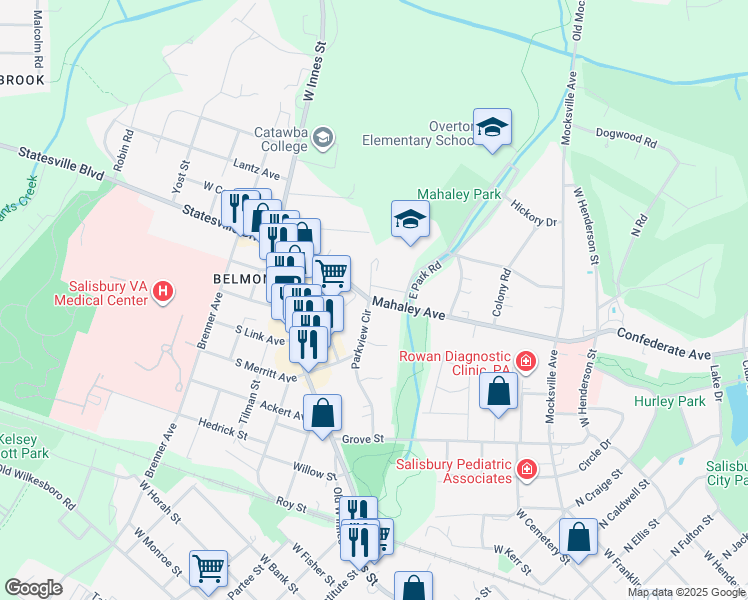 map of restaurants, bars, coffee shops, grocery stores, and more near 198 Mahaley Avenue in Salisbury