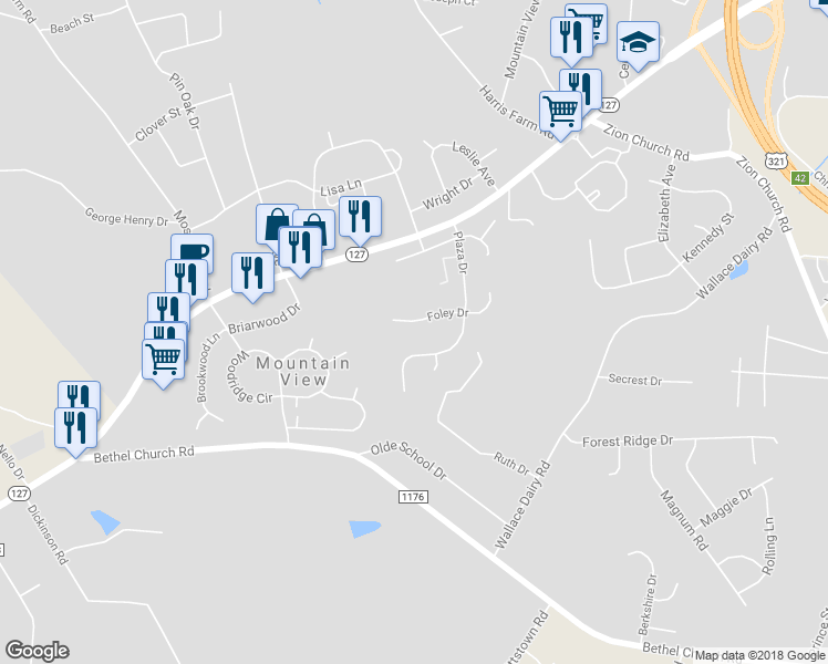 map of restaurants, bars, coffee shops, grocery stores, and more near 5227 Foley Drive in Hickory
