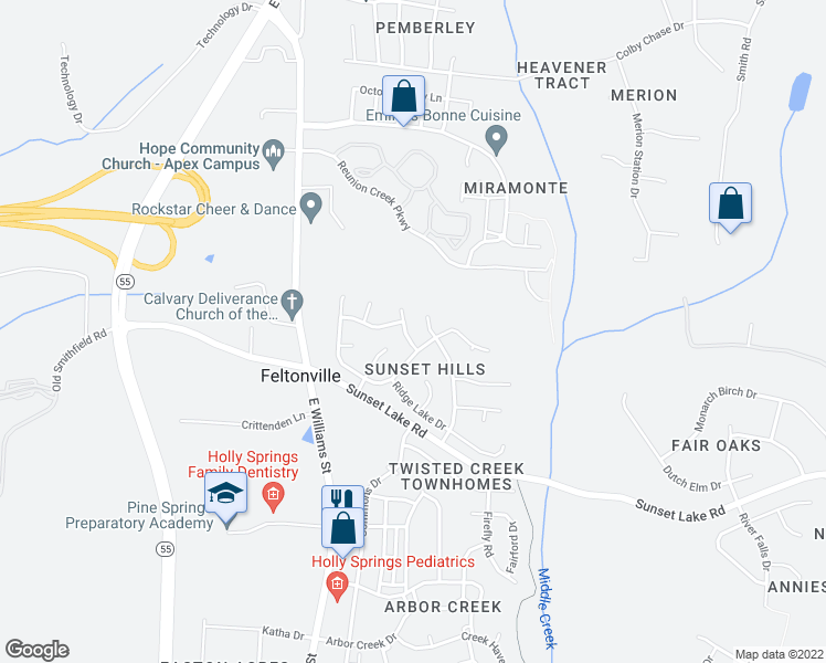 map of restaurants, bars, coffee shops, grocery stores, and more near 108 Sunshine Crest Court in Apex