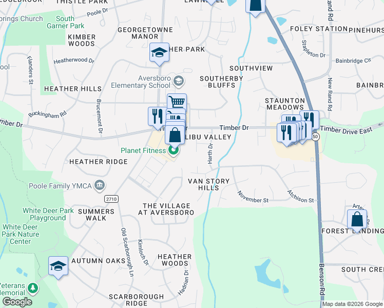 map of restaurants, bars, coffee shops, grocery stores, and more near 103 Baldwin Circle in Garner