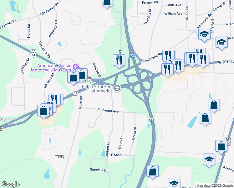 map of restaurants, bars, coffee shops, grocery stores, and more near 1095 West Dixie Drive in Asheboro