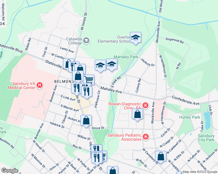 map of restaurants, bars, coffee shops, grocery stores, and more near 322 Mahaley Avenue in Salisbury