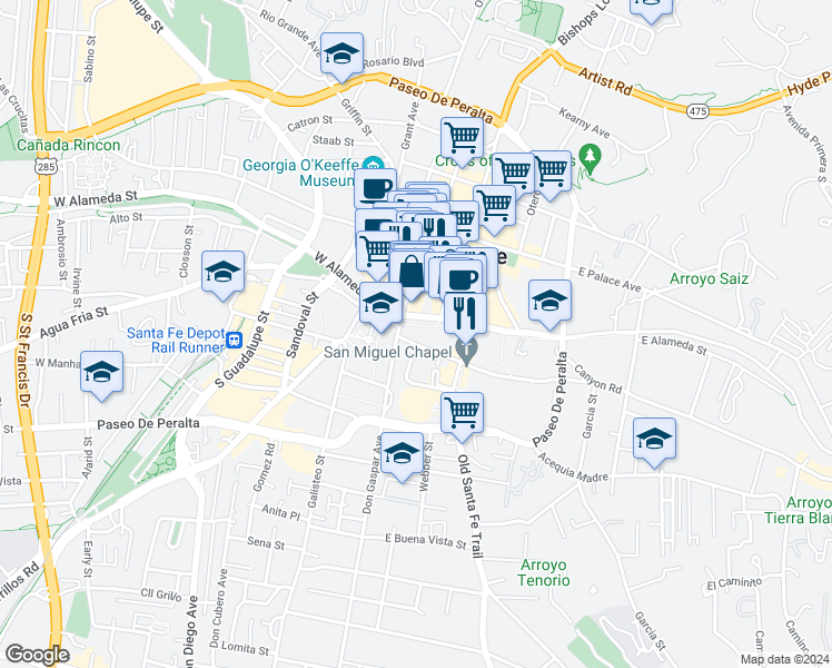 map of restaurants, bars, coffee shops, grocery stores, and more near 237 Don Gaspar Avenue in Santa Fe