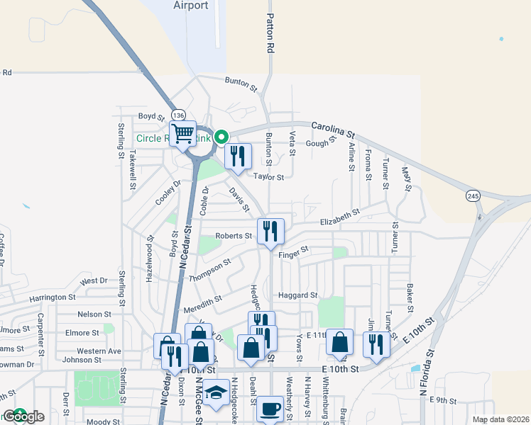map of restaurants, bars, coffee shops, grocery stores, and more near 107 Texas Street in Borger