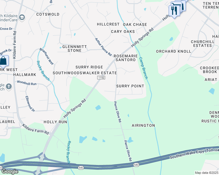 map of restaurants, bars, coffee shops, grocery stores, and more near 4104 James Mill Court in Apex