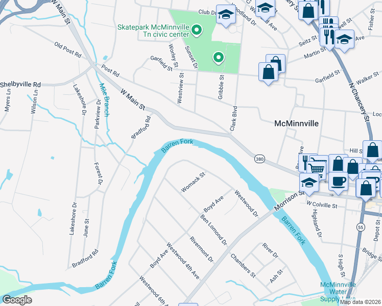 map of restaurants, bars, coffee shops, grocery stores, and more near 312 Westwood Drive in McMinnville