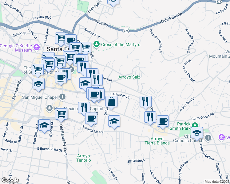map of restaurants, bars, coffee shops, grocery stores, and more near West Alameda Street in Santa Fe