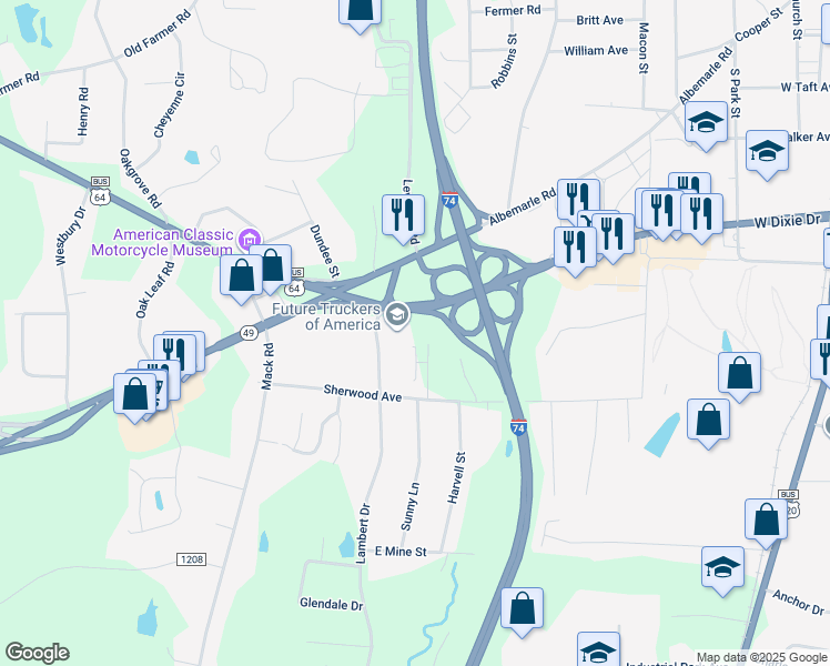 map of restaurants, bars, coffee shops, grocery stores, and more near 1095 West Dixie Drive in Asheboro