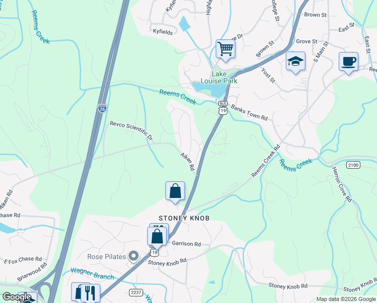 map of restaurants, bars, coffee shops, grocery stores, and more near 25 Loftin Street in Weaverville