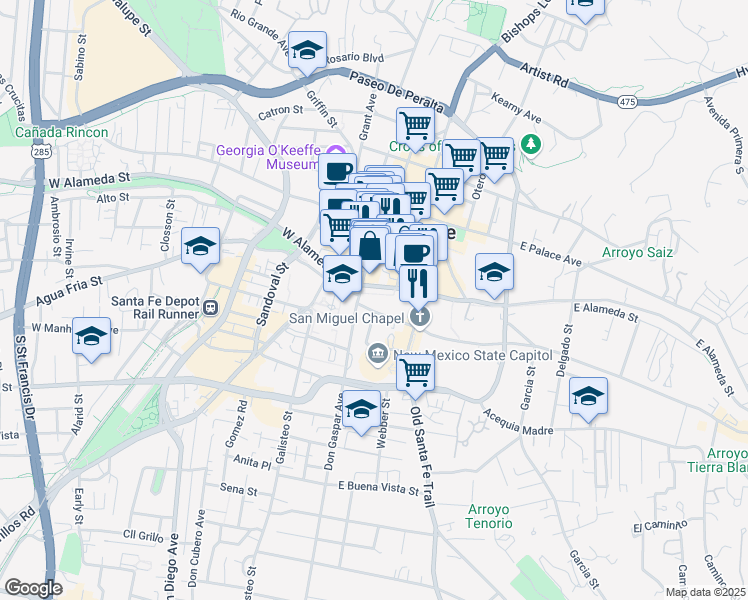 map of restaurants, bars, coffee shops, grocery stores, and more near 237 Don Gaspar Avenue in Santa Fe