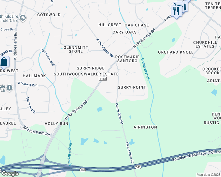 map of restaurants, bars, coffee shops, grocery stores, and more near 4104 James Mill Court in Apex