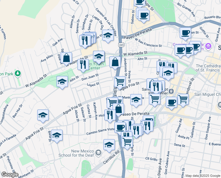 map of restaurants, bars, coffee shops, grocery stores, and more near in Santa Fe