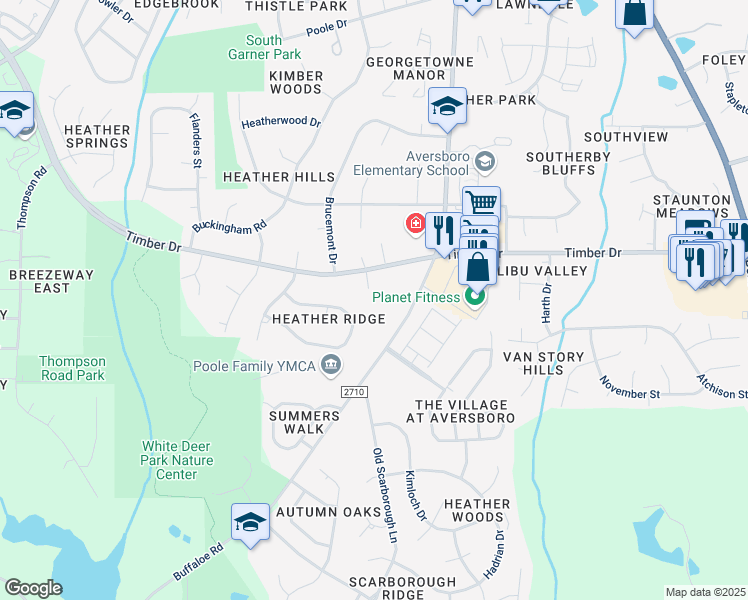 map of restaurants, bars, coffee shops, grocery stores, and more near 105 Stowe Place in Garner