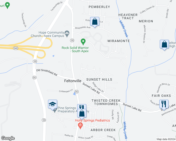 map of restaurants, bars, coffee shops, grocery stores, and more near 205 Doves Haven Drive in Apex